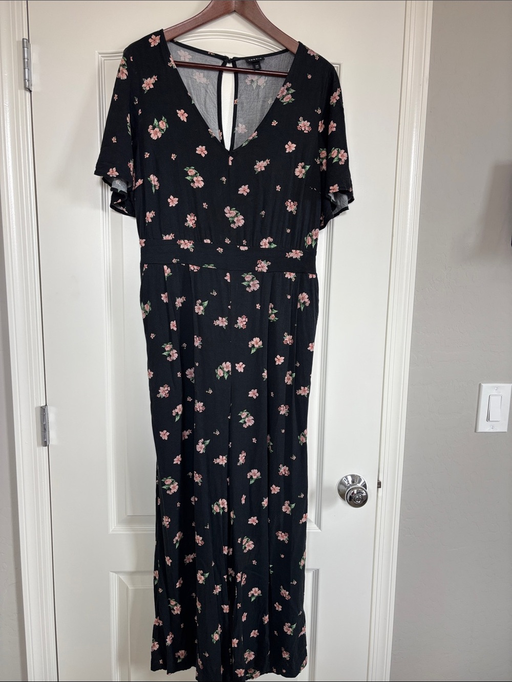 Torrid Black Floral V-Neck Jumpsuit with Pink Blossoms